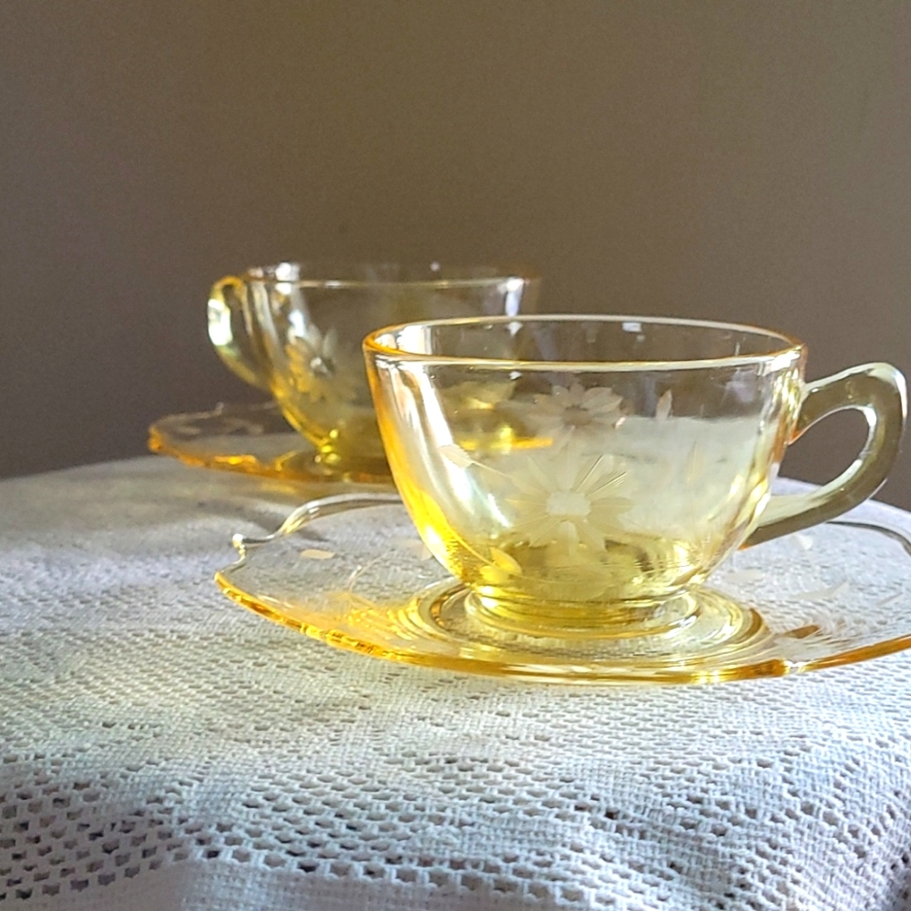 Set of Two Yellow Depression Glass Cup & Saucer